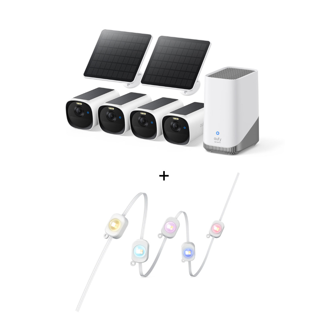 eufyCam E40 Starter-Set 4+1 - Kamera mit HomeBase 3 und 2x Solarpanel + Permanent Outdoor Light 15m - Outdoor-Lichterkette