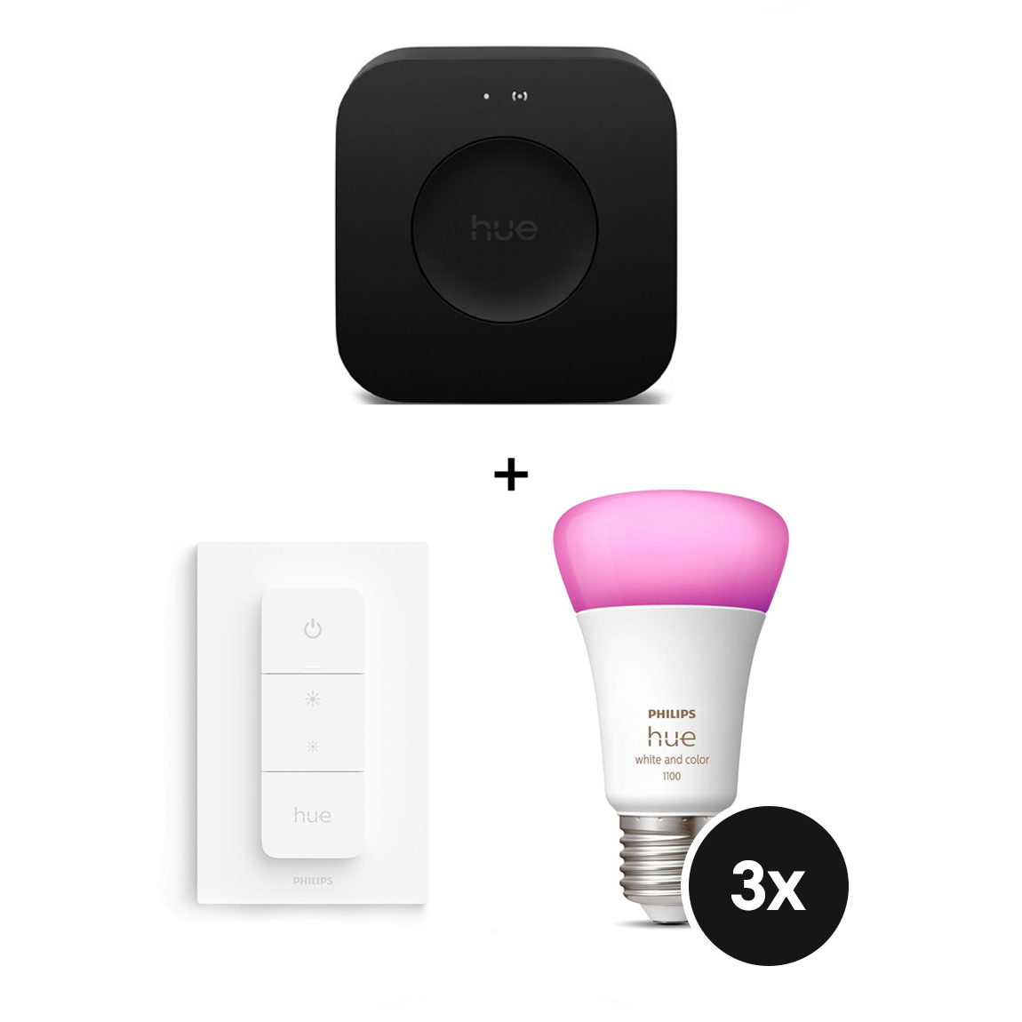 Philips Hue Starter Set - mit Bridge Pro und 3 White & Color Ambiance E27 Lampen - 1100lm + Dimmschalter
