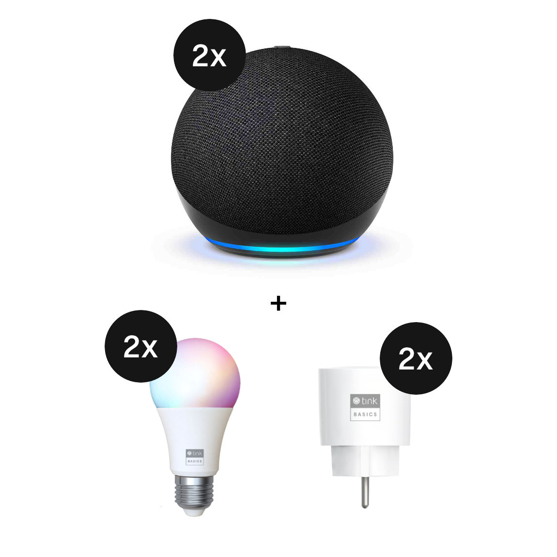 Amazon Starter Set - mit 2 Echo Dot (5th Gen) + tink Basics Matter White & Color Bulb E27 + 2 Smart Plugs