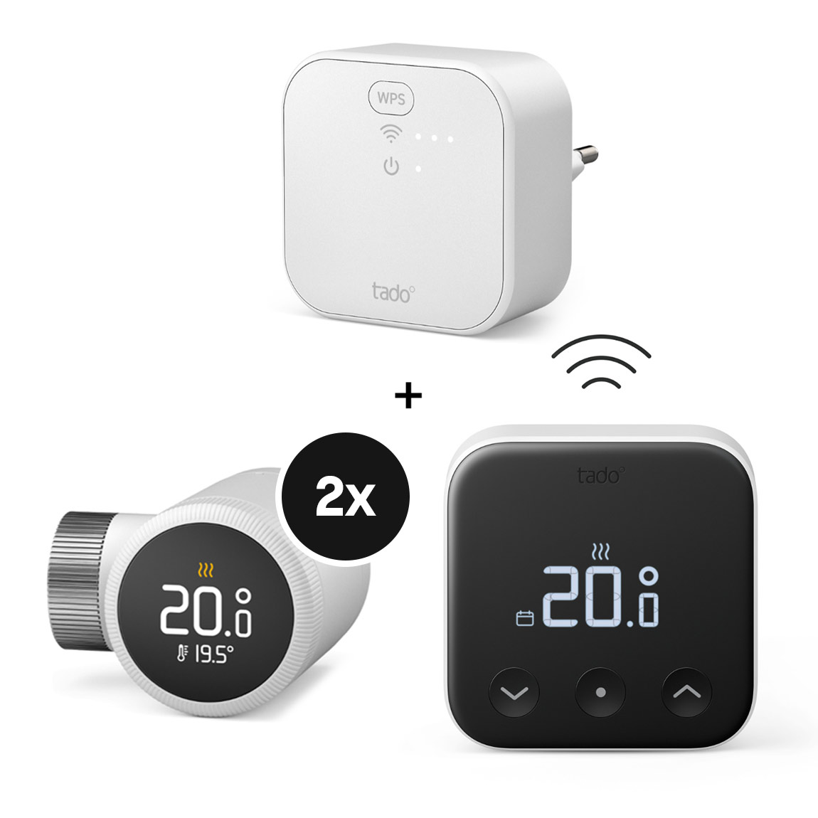 tado° X Starter Kit - mit Bridge, 2 Heizkörper-Thermostaten + gratis Funk-Temperatursensor