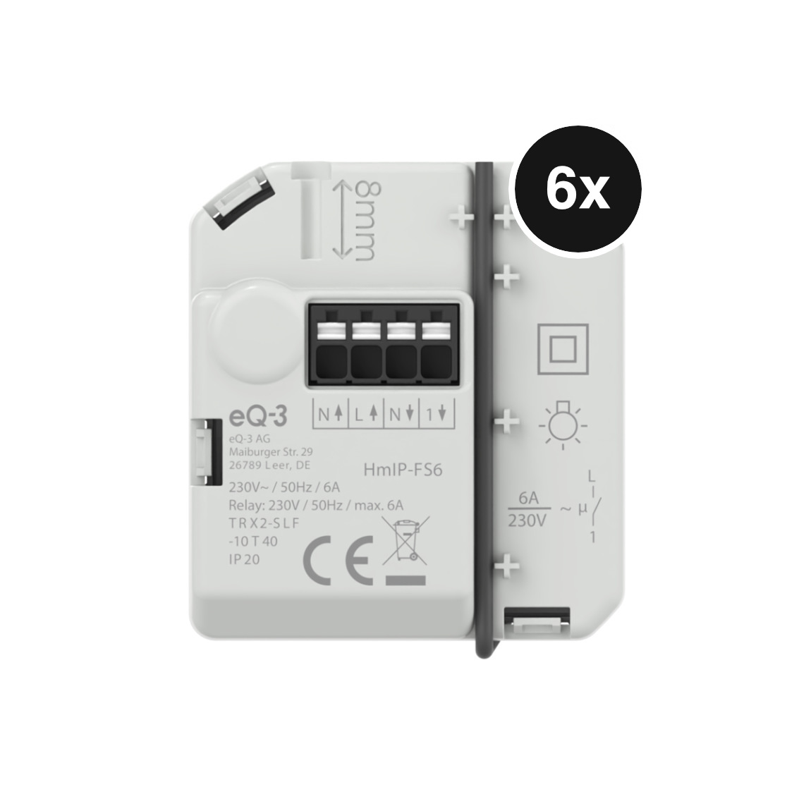 Homematic IP Schaltaktor (6 A) - zur Lichtsteuerung, Unterputz, 1-Kanal - 6er-Set