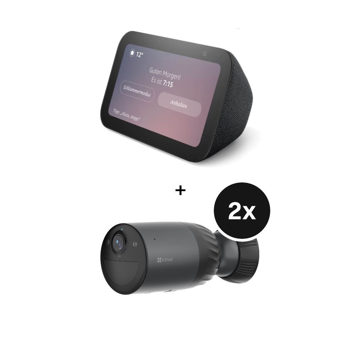 Amazon Echo Show 5 - Neueste Generation + EZVIZ BC1C 4K Pro - Akkubetriebene WLAN-Sicherheitskamera - 2er-Set