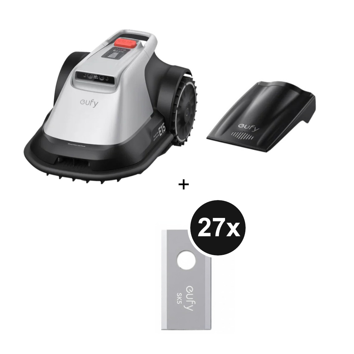 eufy Set - mit M&auml;hroboter E15 (kabellos, bis 800 m&sup2;) + gratis Garage + gratis Ersatzklingenbox
