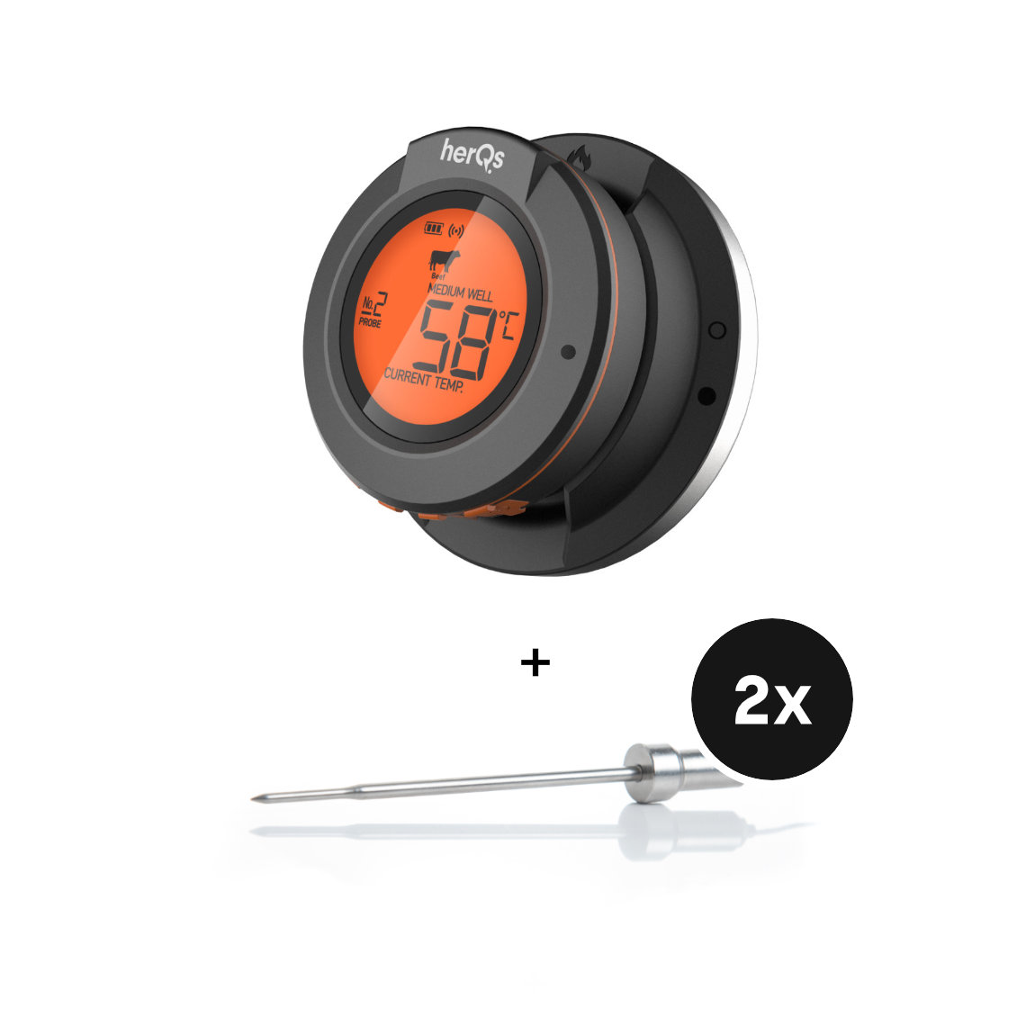 HerQs Set - mit Dome Thermometer Grillthermometer + Zusatz-Grillsonden