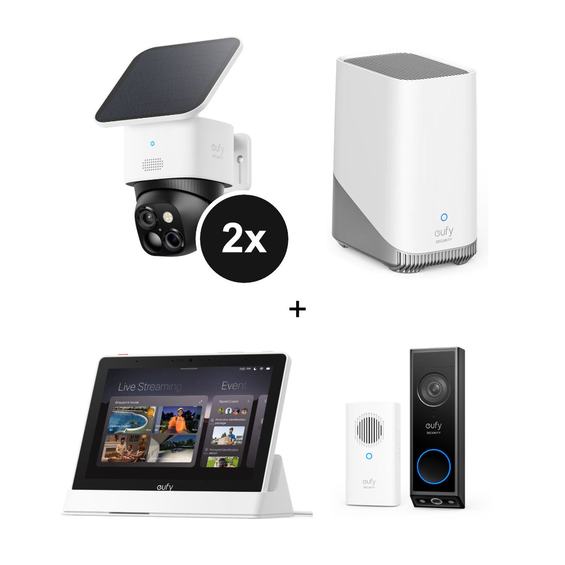 eufy Set - mit 2 SoloCam S340 Outdoor-Kamera, HomeBase 3, Smart Display E10 + Video Doorbell E340 mit Chime