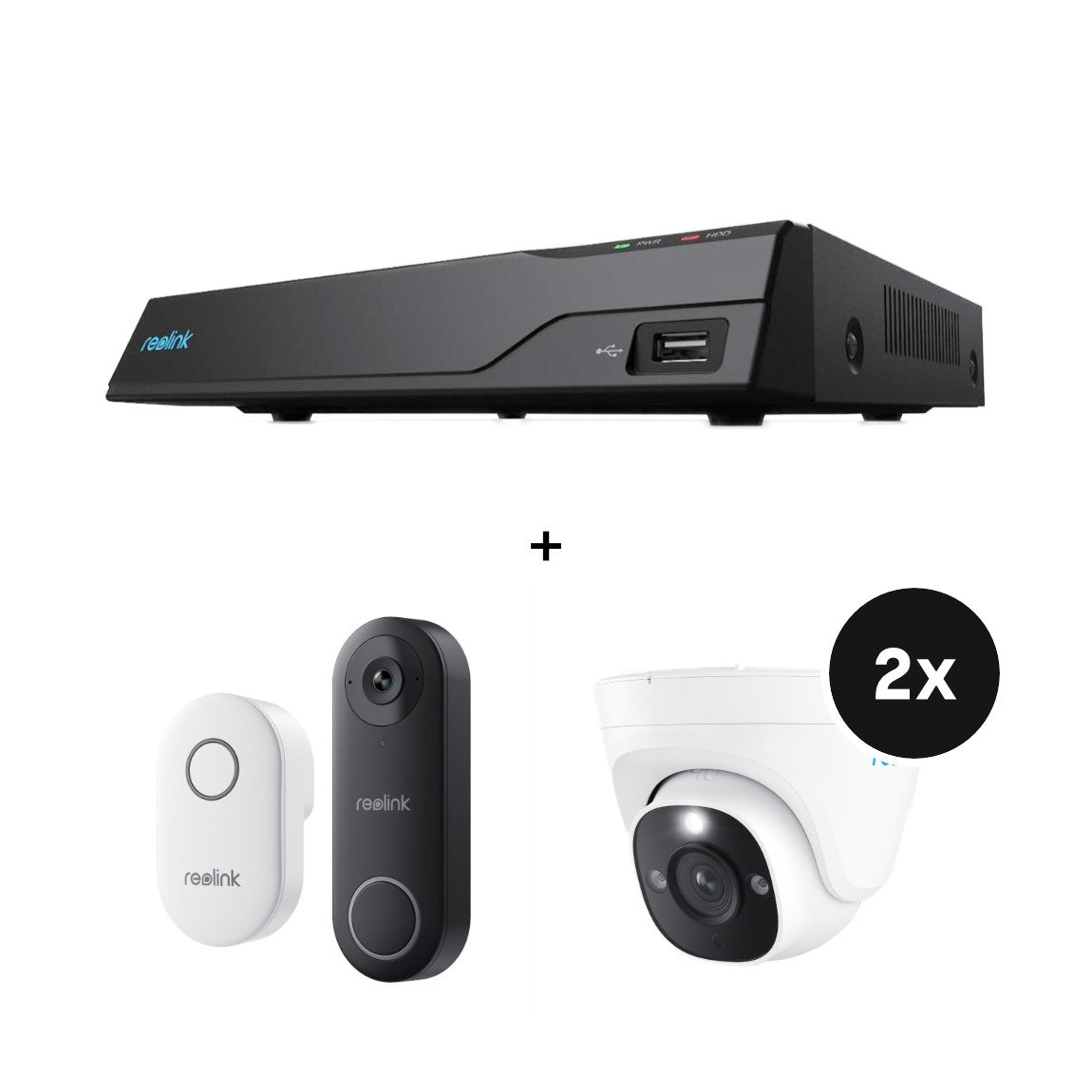Reolink Set - mit NVS8 NVR + 2 PoE-Außenkamera P334 + Kabelgebundene Video Doorbell mit Gong D340W