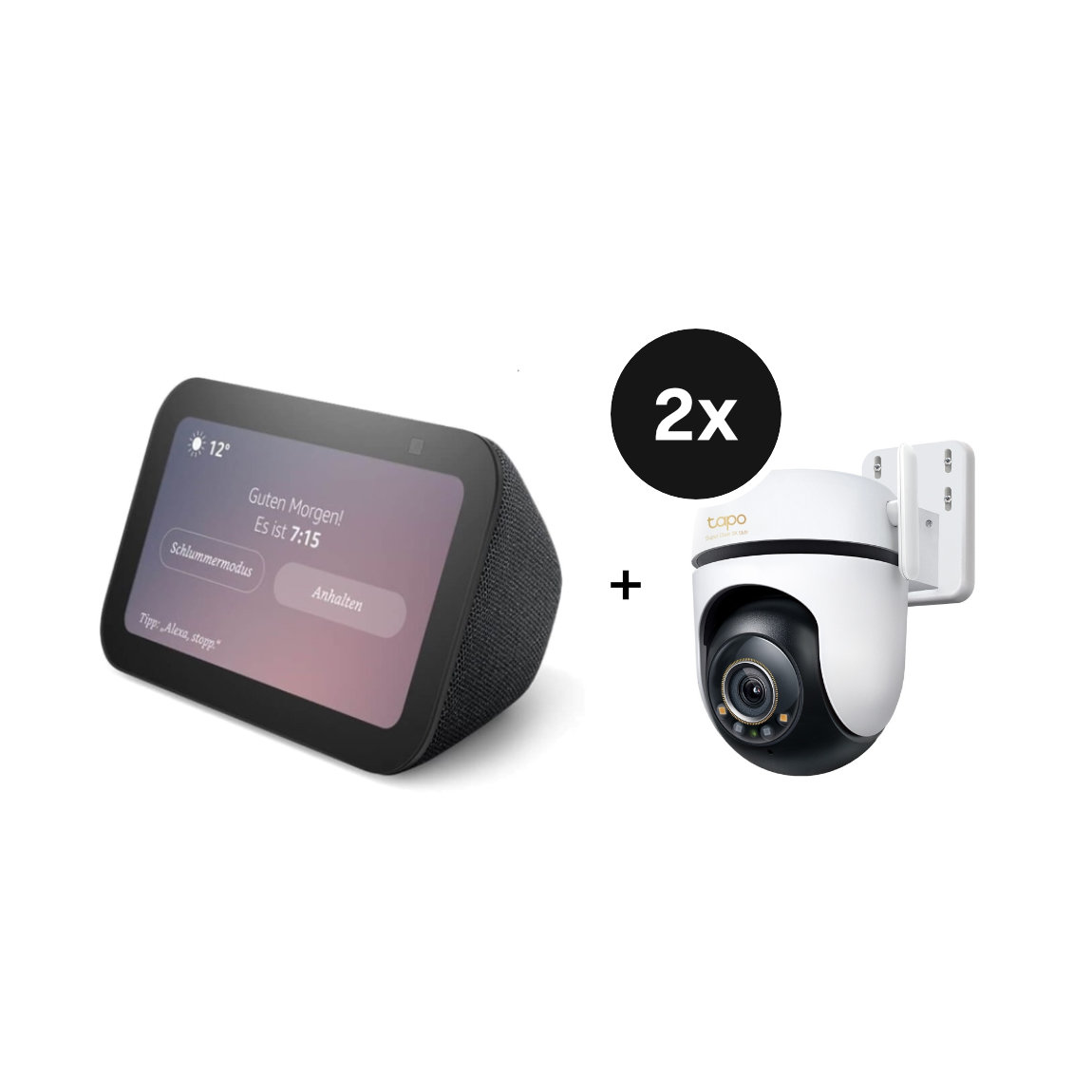 Amazon Echo Show 5 - Neueste Generation + TP-Link Tapo C530WS - Schwenk-Neige-Au&szlig;enkamera - 2er-Set