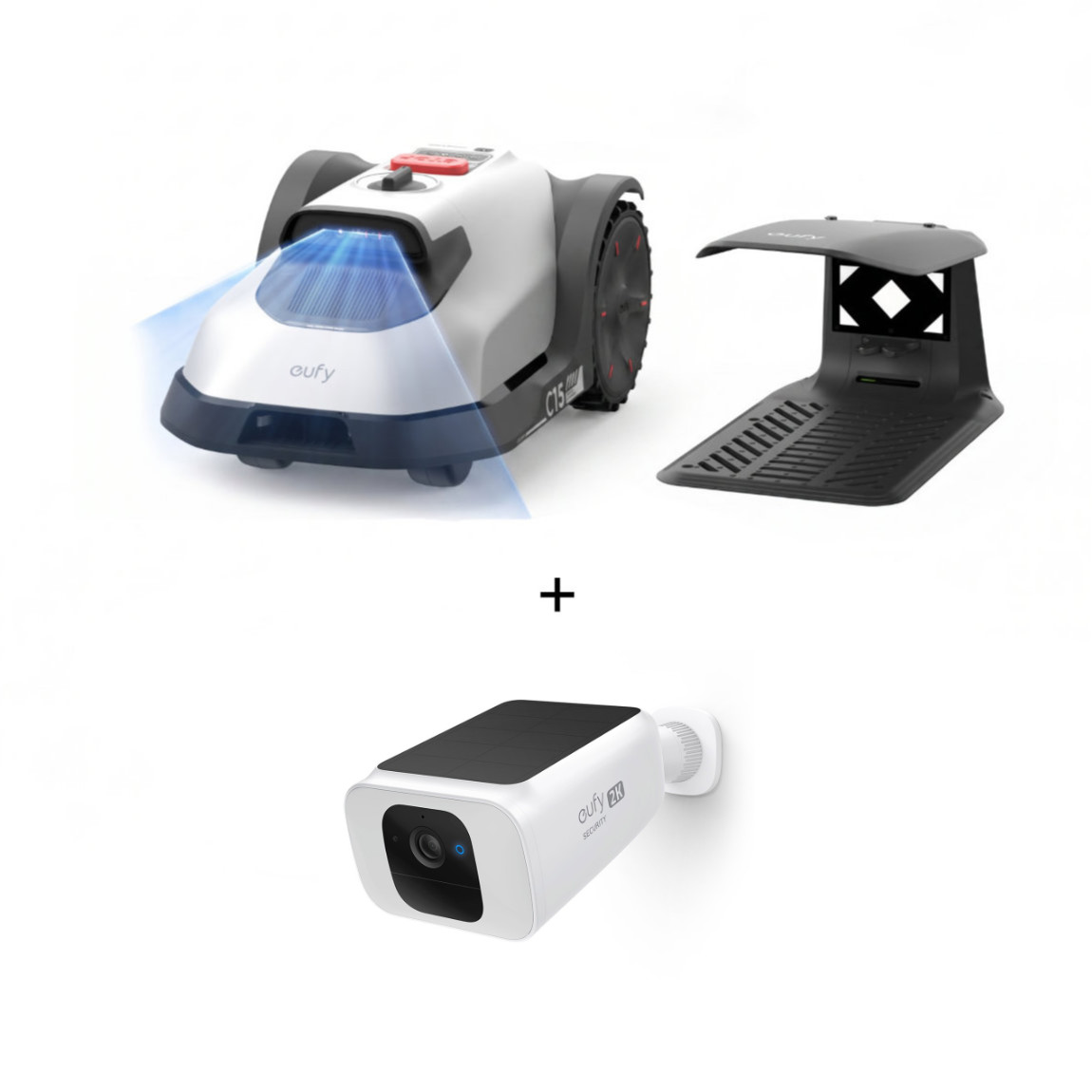 eufy Set - mit Mähroboter C15 Standard (Kabellos, bis 500 m²) + gratis Garage + gratis Solocam Solar 2K S40