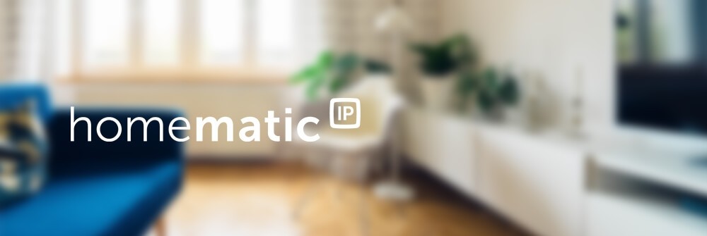 Homematic Logo auf blurred Wohnzimmer