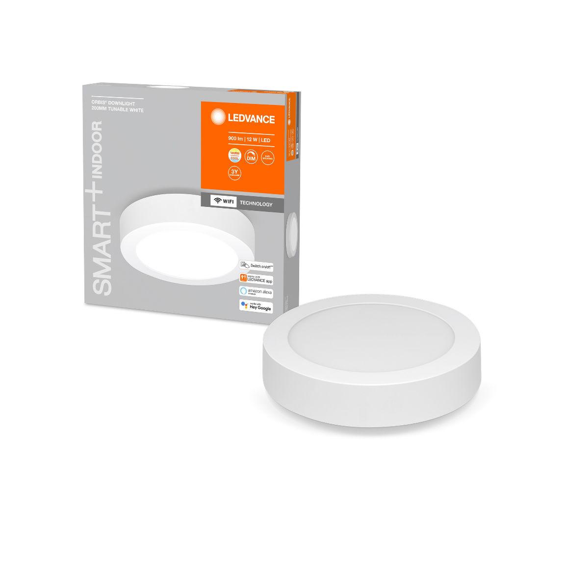 Ledvance SMART+ Downlight Surface 200mm WiFi Warm- und Kaltweiß_Lifestyle_Lampe mit Verpackung